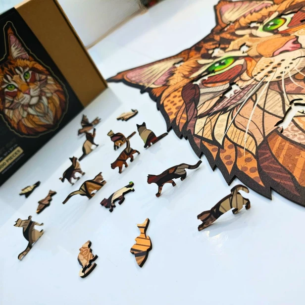 Unikalne elementy puzzli drewnianych w kształcie kotów i innych leśnych zwierząt, Unikalne elementy puzzli drewnianych w kształcie kotów - figurki zwierząt