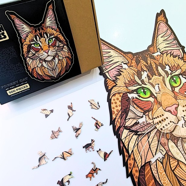 Zestaw puzzli drewnianych Leśny Kot - ułożony obraz, pudełko i figurki specjalne., puzzle dla dorosłych marka mruupruu, trudne puzzle drewniane
