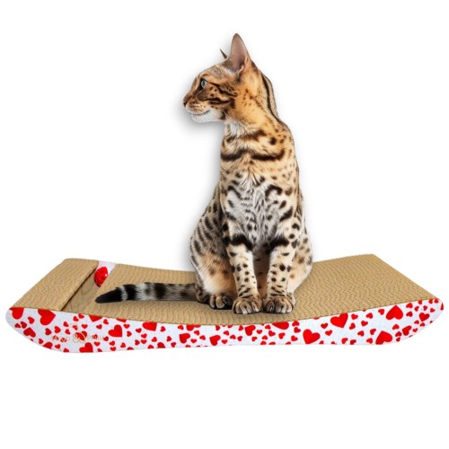 Weißer Katzenkratzbaum mit Herzen, Kratzbaum mit Spielzeug, Katzenkratzbaum aus Pappe