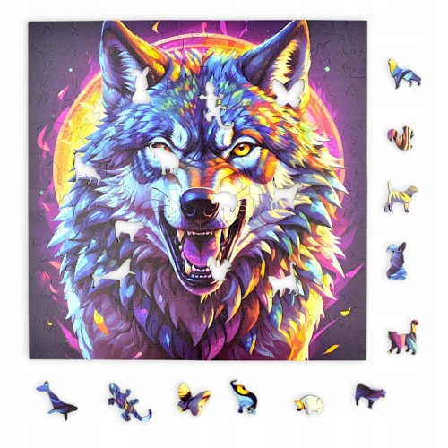 Raubtier-Wolf-Puzzle, Raubtier-Wolf, Wolf, farbiger Wolf, Wolf auf farbigem Hintergrund, 25x25cm , quadratisches Puzzle, unregelmäßige Formen, Holzpuzzle, 150 Teile, mruu&amp;pruu Puzzle, mruupruu, mruupruu-Puzzle