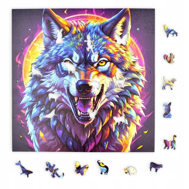 Raubtier-Wolf-Puzzle, Raubtier-Wolf, Wolf, farbiger Wolf, Wolf auf farbigem Hintergrund, 25x25cm , quadratisches Puzzle, unregelmäßige Formen, Holzpuzzle, 150 Teile, mruu&amp;pruu Puzzle, mruupruu, mruupruu-Puzzle