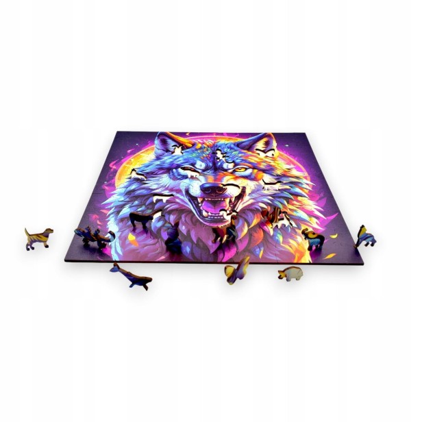 Raubtier-Wolf-Puzzle, Raubtier-Wolf, Wolf, farbiger Wolf, Wolf auf farbigem Hintergrund, 25x25cm , quadratisches Puzzle, unregelmäßige Formen, Holzpuzzle, 150 Teile, mruu&amp;pruu Puzzle, mruupruu, mruupruu-Puzzle