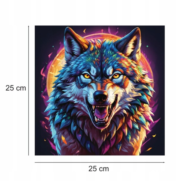 Raubtier-Wolf-Puzzle, Raubtier-Wolf, Wolf, farbiger Wolf, Wolf auf farbigem Hintergrund, 25x25cm , quadratisches Puzzle, unregelmäßige Formen, Holzpuzzle, 150 Teile, mruu&amp;pruu Puzzle, mruupruu, mruupruu-Puzzle