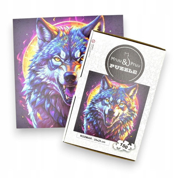 Raubtier-Wolf-Puzzle, Raubtier-Wolf, Wolf, farbiger Wolf, Wolf auf farbigem Hintergrund, 25x25cm , quadratisches Puzzle, unregelmäßige Formen, Holzpuzzle, 150 Teile, mruu&amp;pruu Puzzle, mruupruu, mruupruu-Puzzle