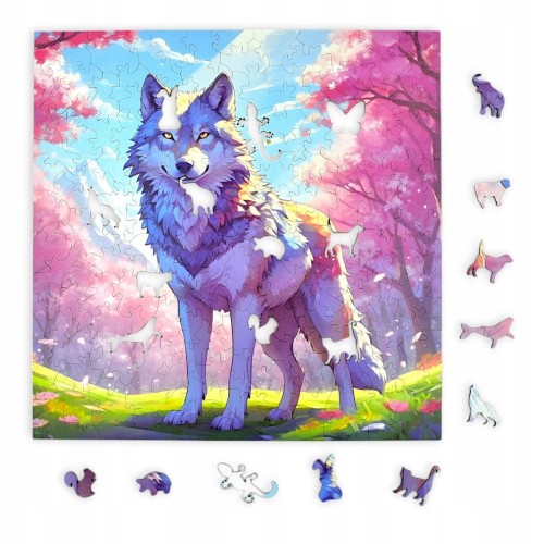 Wolfspuzzle, Wolf, bunter Wolf, Wolf auf buntem Hintergrund, 25x25cm , quadratisches Puzzle, unregelmäßige Formen, Holzpuzzle, 150 Teile, mruu&amp;pruu-Puzzle, mruupruu, mruupruu-Puzzle