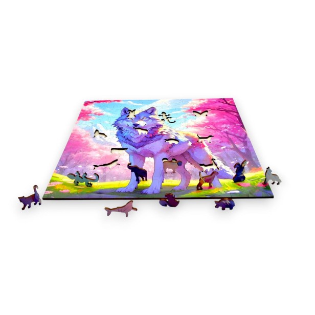 Wolfspuzzle, Wolf, bunter Wolf, Wolf auf buntem Hintergrund, 25x25cm , quadratisches Puzzle, unregelmäßige Formen, Holzpuzzle, 150 Teile, mruu&amp;pruu-Puzzle, mruupruu, mruupruu-Puzzle