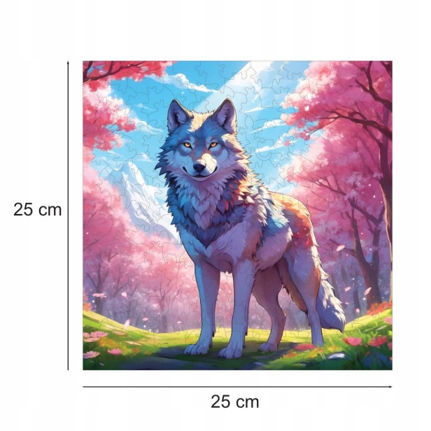 Wolfspuzzle, Wolf, bunter Wolf, Wolf auf buntem Hintergrund, 25x25cm , quadratisches Puzzle, unregelmäßige Formen, Holzpuzzle, 150 Teile, mruu&amp;pruu-Puzzle, mruupruu, mruupruu-Puzzle