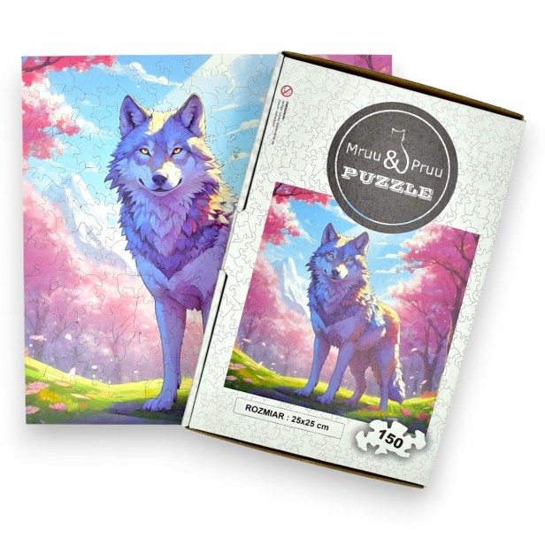 Wolfspuzzle, Wolf, bunter Wolf, Wolf auf buntem Hintergrund, 25x25cm , quadratisches Puzzle, unregelmäßige Formen, Holzpuzzle, 150 Teile, mruu&amp;pruu-Puzzle, mruupruu, mruupruu-Puzzle