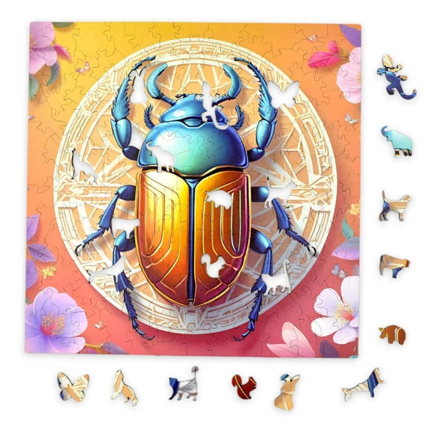Skarabäus-Puzzle, Skarabäus, bunter Käfer, Skarabäus auf buntem Hintergrund, 25x25cm , quadratisches Puzzle, unregelmäßige Formen, Holzpuzzle, 150 Teile, Puzzle, mruupruu, mruupruu-Puzzle