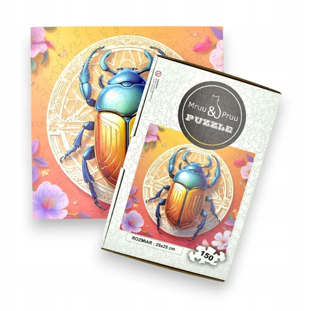 Skarabäus-Puzzle, Skarabäus, bunter Käfer, Skarabäus auf buntem Hintergrund, 25x25cm , quadratisches Puzzle, unregelmäßige Formen, Holzpuzzle, 150 Teile, Puzzle, mruupruu, mruupruu-Puzzle