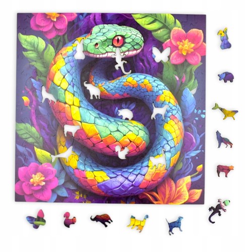 Schlangenpuzzle, Schlange, bunte Schlange, Schlange auf buntem Hintergrund, 25x25cm , quadratisches Puzzle, unregelmäßige Formen, Holzpuzzle, 150 Teile, Puzzle, mruupruu, mruupruu-Puzzle