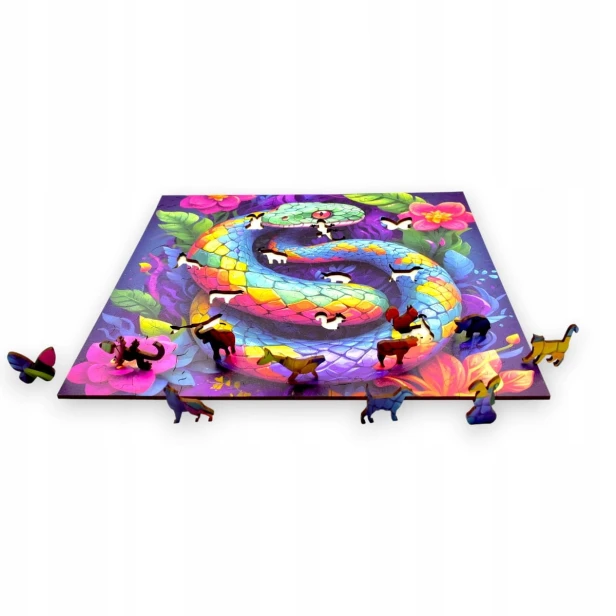 Schlangenpuzzle, Schlange, bunte Schlange, Schlange auf buntem Hintergrund, 25x25cm , quadratisches Puzzle, unregelmäßige Formen, Holzpuzzle, 150 Teile, Puzzle, mruupruu, mruupruu-Puzzle
