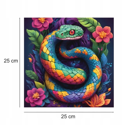Schlangenpuzzle, Schlange, bunte Schlange, Schlange auf buntem Hintergrund, 25x25cm , quadratisches Puzzle, unregelmäßige Formen, Holzpuzzle, 150 Teile, Puzzle, mruupruu, mruupruu-Puzzle