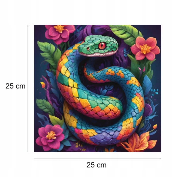 Schlangenpuzzle, Schlange, bunte Schlange, Schlange auf buntem Hintergrund, 25x25cm , quadratisches Puzzle, unregelmäßige Formen, Holzpuzzle, 150 Teile, Puzzle, mruupruu, mruupruu-Puzzle