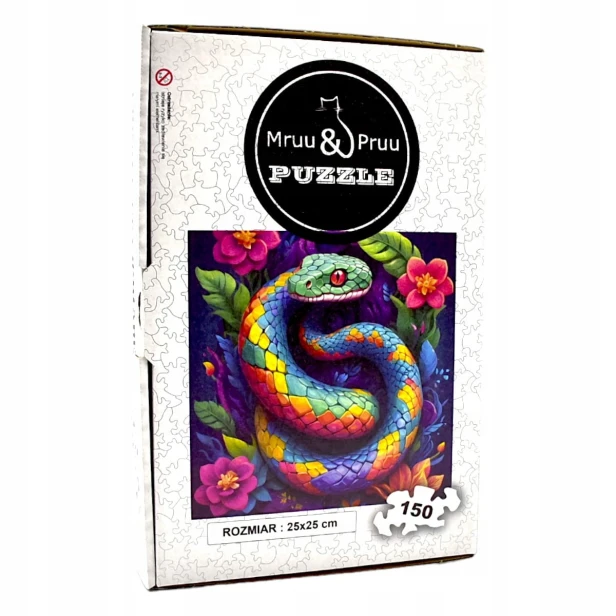 Schlangenpuzzle, Schlange, bunte Schlange, Schlange auf buntem Hintergrund, 25x25cm , quadratisches Puzzle, unregelmäßige Formen, Holzpuzzle, 150 Teile, Puzzle, mruupruu, mruupruu-Puzzle