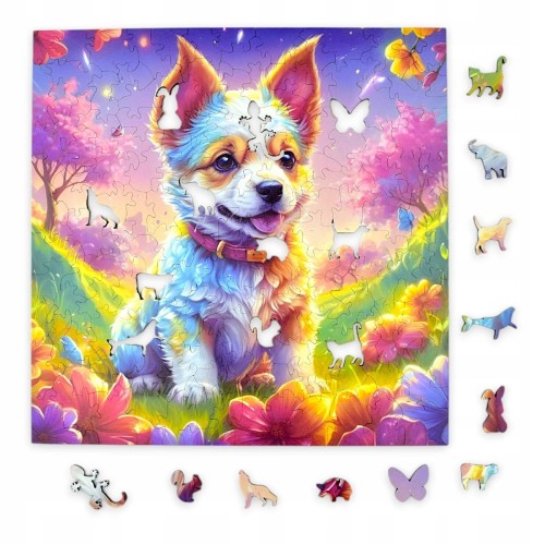 Puzzle mit Hund, Hund, Hund, Hund auf farbigem Hintergrund, 25x25cm , quadratisches Puzzle, unregelmäßige Formen, Holzpuzzle, 150 Teile, Puzzle, mruupruu, mruupruu-Puzzle