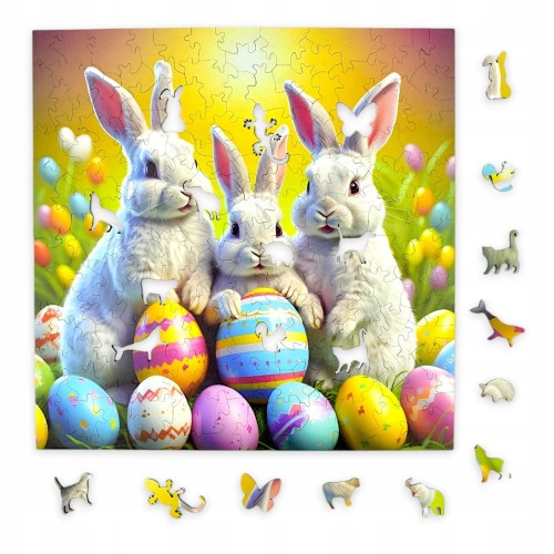 Hasenpuzzle, Kaninchen, Hasen, Kaninchen auf farbigem Hintergrund, 25x25cm , quadratisches Puzzle, unregelmäßige Formen, Holzpuzzle, 150 Teile, Puzzle, mruupruu, mruupruu-Puzzle