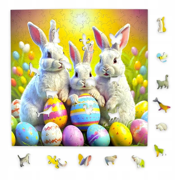 Hasenpuzzle, Kaninchen, Hasen, Kaninchen auf farbigem Hintergrund, 25x25cm , quadratisches Puzzle, unregelmäßige Formen, Holzpuzzle, 150 Teile, Puzzle, mruupruu, mruupruu-Puzzle