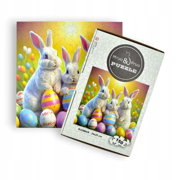 Hasenpuzzle, Kaninchen, Hasen, Kaninchen auf farbigem Hintergrund, 25x25cm , quadratisches Puzzle, unregelmäßige Formen, Holzpuzzle, 150 Teile, Puzzle, mruupruu, mruupruu-Puzzle