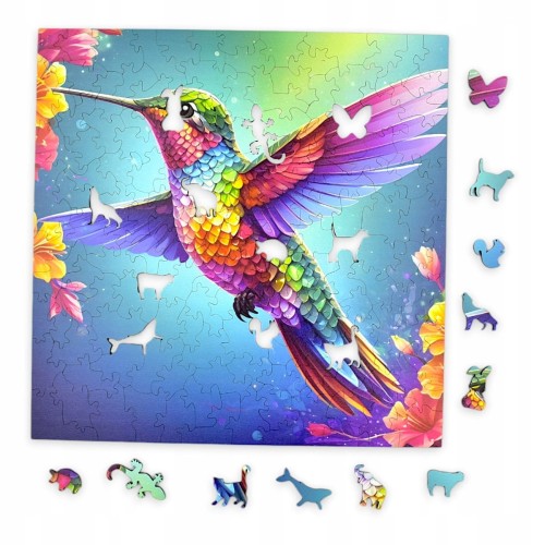 Kolibri-Puzzle, Kolibri, Kolibri auf farbigem Hintergrund, 25x25cm , quadratisches Puzzle, unregelmäßige Formen, Holzpuzzle, 150 Teile, Puzzle, mruupruu, mruupruu-Puzzle