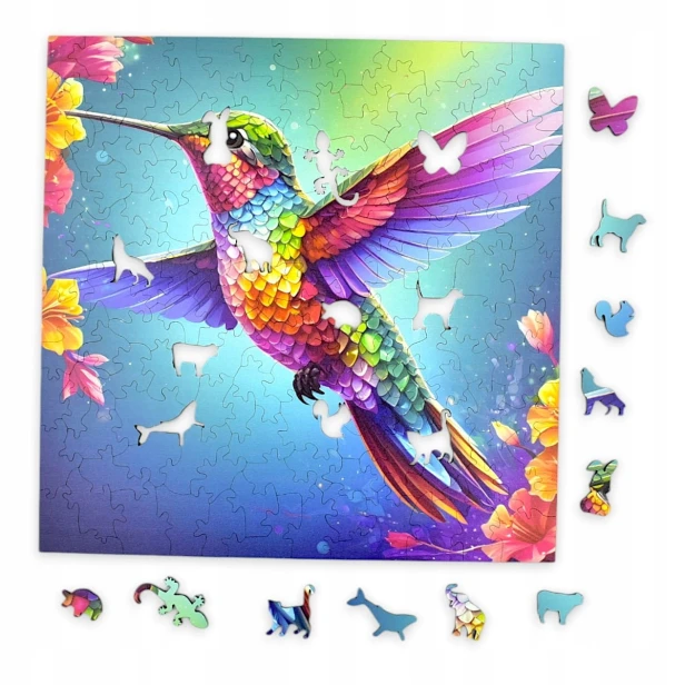 Kolibri-Puzzle, Kolibri, Kolibri auf farbigem Hintergrund, 25x25cm , quadratisches Puzzle, unregelmäßige Formen, Holzpuzzle, 150 Teile, Puzzle, mruupruu, mruupruu-Puzzle