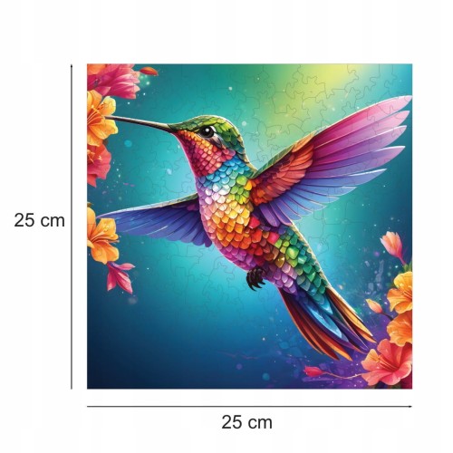 Kolibri-Puzzle, Kolibri, Kolibri auf farbigem Hintergrund, 25x25cm , quadratisches Puzzle, unregelmäßige Formen, Holzpuzzle, 150 Teile, Puzzle, mruupruu, mruupruu-Puzzle