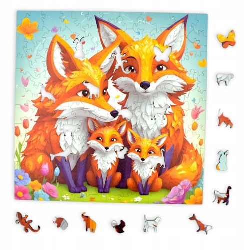 Fuchs-Puzzle, Fuchs, Fuchsfamilie, Fuchsfamilie auf farbigem Hintergrund, 25x25cm , quadratisches Puzzle, unregelmäßige Formen, Holzpuzzle, 150 Teile