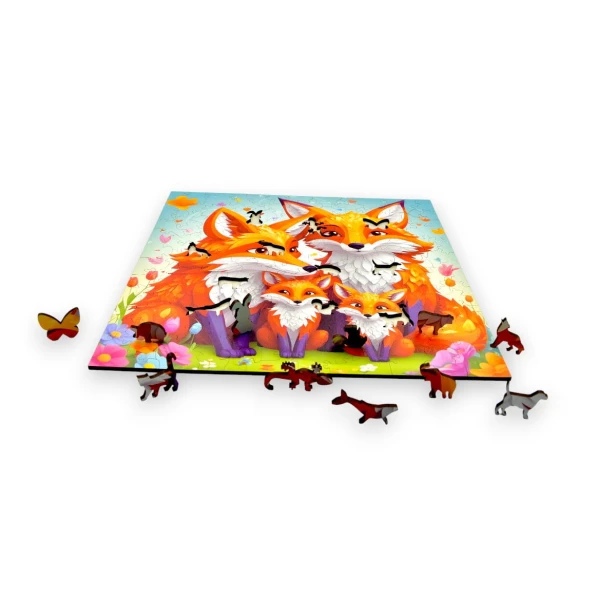 Fuchs-Puzzle, Fuchs, Fuchsfamilie, Fuchsfamilie auf farbigem Hintergrund, 25x25cm , quadratisches Puzzle, unregelmäßige Formen, Holzpuzzle, 150 Teile