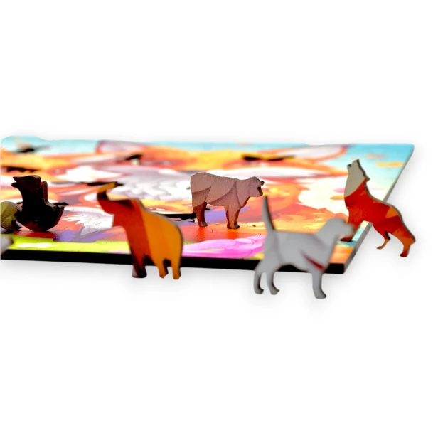 Fuchs-Puzzle, Fuchs, Fuchsfamilie, Fuchsfamilie auf farbigem Hintergrund, 25x25cm , quadratisches Puzzle, unregelmäßige Formen, Holzpuzzle, 150 Teile