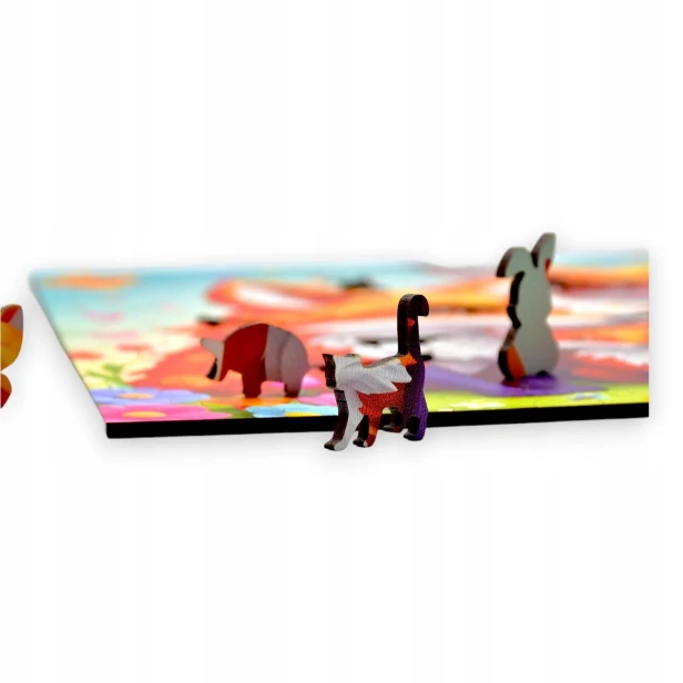 Fuchs-Puzzle, Fuchs, Fuchsfamilie, Fuchsfamilie auf farbigem Hintergrund, 25x25cm , quadratisches Puzzle, unregelmäßige Formen, Holzpuzzle, 150 Teile