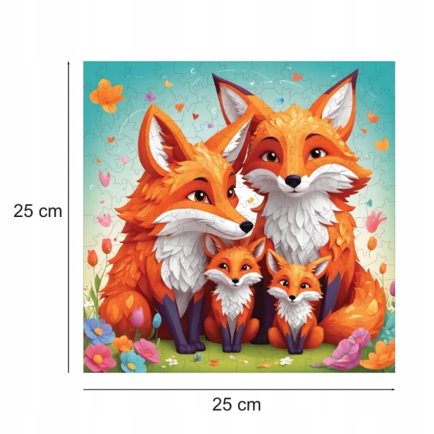 Fuchs-Puzzle, Fuchs, Fuchsfamilie, Fuchsfamilie auf farbigem Hintergrund, 25x25cm , quadratisches Puzzle, unregelmäßige Formen, Holzpuzzle, 150 Teile