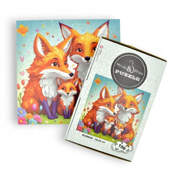 Fuchs-Puzzle, Fuchs, Fuchsfamilie, Fuchsfamilie auf farbigem Hintergrund, 25x25cm , quadratisches Puzzle, unregelmäßige Formen, Holzpuzzle, 150 Teile