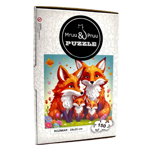 Fuchs-Puzzle, Fuchs, Fuchsfamilie, Fuchsfamilie auf farbigem Hintergrund, 25x25cm , quadratisches Puzzle, unregelmäßige Formen, Holzpuzzle, 150 Teile