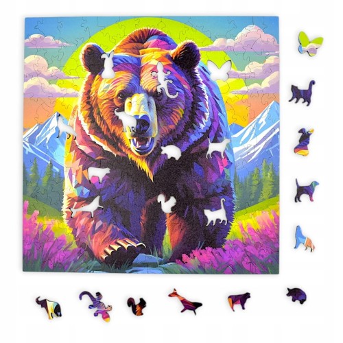 Bärenpuzzle, Braunbär, Bär auf farbigem Hintergrund, 25x25cm , quadratisches Puzzle, unregelmäßige Formen, Holzpuzzle, 150 Teile