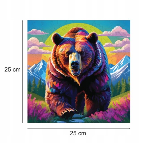 Bärenpuzzle, Braunbär, Bär auf farbigem Hintergrund, 25x25cm , quadratisches Puzzle, unregelmäßige Formen, Holzpuzzle, 150 Teile