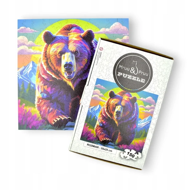 Bärenpuzzle, Braunbär, Bär auf farbigem Hintergrund, 25x25cm , quadratisches Puzzle, unregelmäßige Formen, Holzpuzzle, 150 Teile