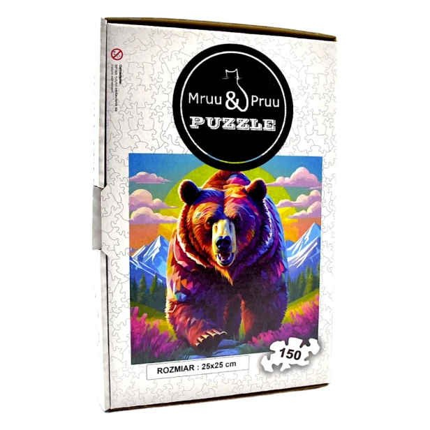 Bärenpuzzle, Braunbär, Bär auf farbigem Hintergrund, 25x25cm , quadratisches Puzzle, unregelmäßige Formen, Holzpuzzle, 150 Teile