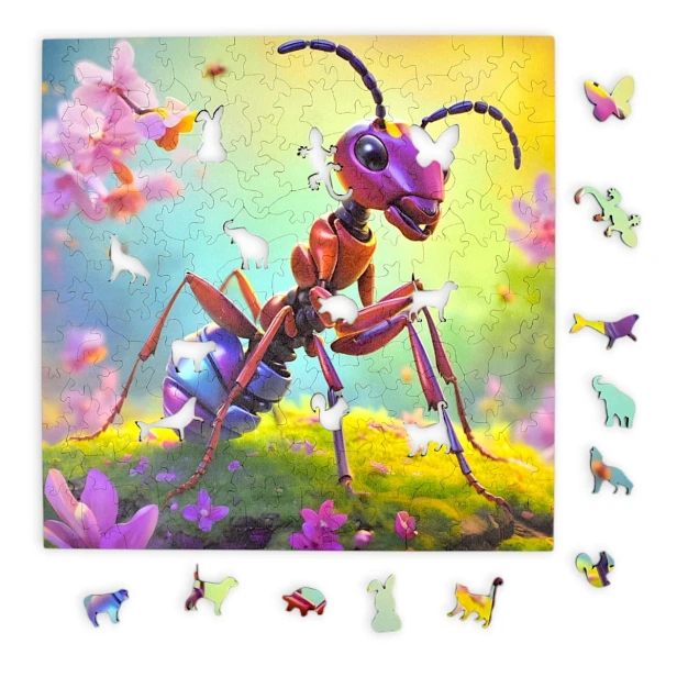 Puzzle mit Ameise, Ameise, niedliche Ameise, Ameise auf farbigem Hintergrund, 25x25cm , quadratisches Puzzle, unregelmäßige Formen, Holzpuzzle, 150 Teile