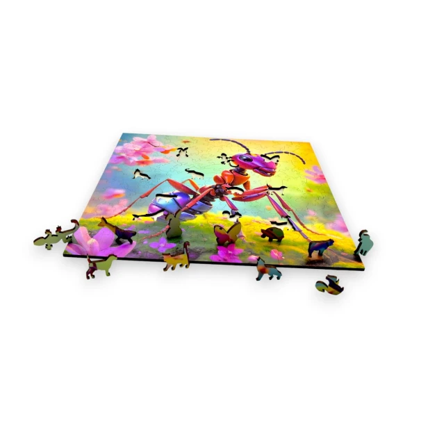 Puzzle mit Ameise, Ameise, niedliche Ameise, Ameise auf farbigem Hintergrund, 25x25cm , quadratisches Puzzle, unregelmäßige Formen, Holzpuzzle, 150 Teile