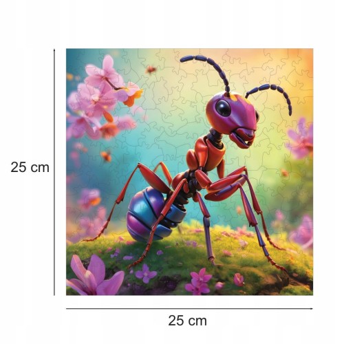 Puzzle mit Ameise, Ameise, niedliche Ameise, Ameise auf farbigem Hintergrund, 25x25cm , quadratisches Puzzle, unregelmäßige Formen, Holzpuzzle, 150 Teile