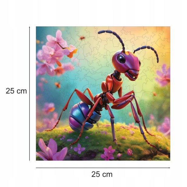 Puzzle mit Ameise, Ameise, niedliche Ameise, Ameise auf farbigem Hintergrund, 25x25cm , quadratisches Puzzle, unregelmäßige Formen, Holzpuzzle, 150 Teile