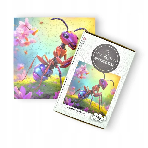 Puzzle mit Ameise, Ameise, niedliche Ameise, Ameise auf farbigem Hintergrund, 25x25cm , quadratisches Puzzle, unregelmäßige Formen, Holzpuzzle, 150 Teile
