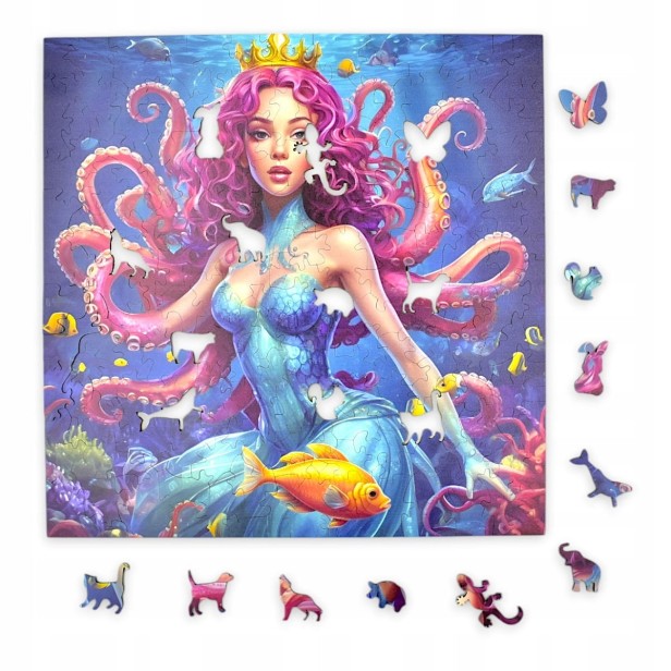 Puzzle Frau Oktopus , Krake , Unterwasserlandschaft , 25x25cm , quadratisches Puzzle, unregelmäßige Formen, Holzpuzzle, 150 Teile