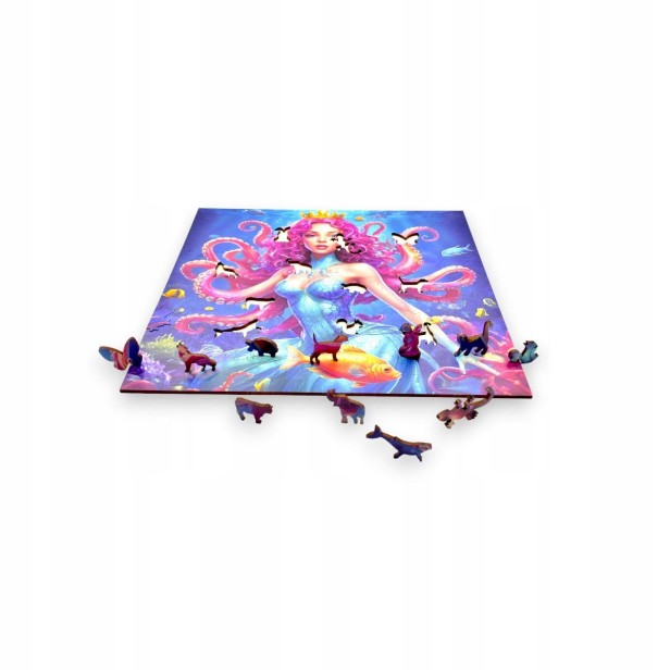 Puzzle Frau Oktopus , Krake , Unterwasserlandschaft , 25x25cm , quadratisches Puzzle, unregelmäßige Formen, Holzpuzzle, 150 Teile