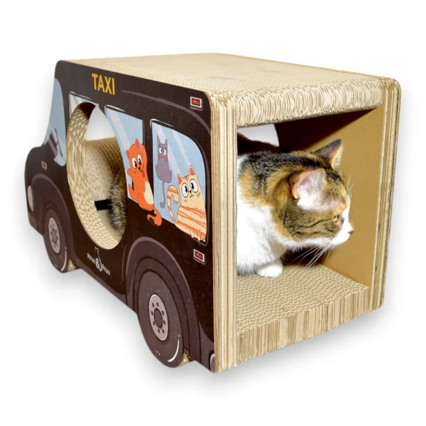 Kratzwagen Schwarz Taxi Karton 60x36x29 cm , Karton Kratzer , Mruupruu , Katzenkratzer