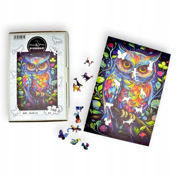 Eulenpuzzle 160 Teile, Holzpuzzle, mruupruu-Puzzle, Eule, buntes Eulenpuzzle