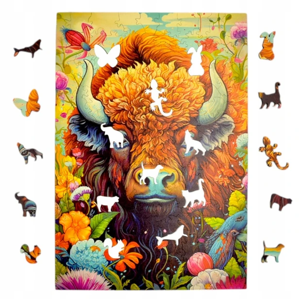 Büffelpuzzle 160 Teile, Holzpuzzle, Mruupruu-Puzzle, Büffel, buntes Büffelpuzzle
