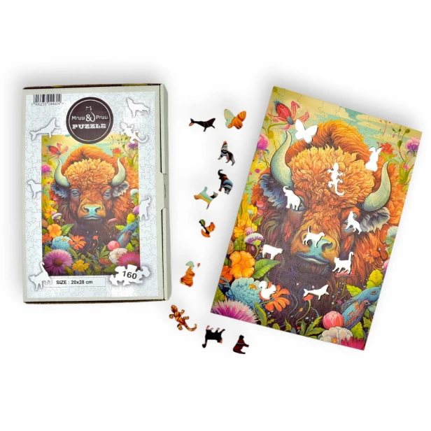 Büffelpuzzle 160 Teile, Holzpuzzle, Mruupruu-Puzzle, Büffel, buntes Büffelpuzzle