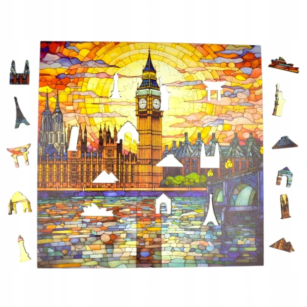 big ben puzzle 150 teile, holzpuzzle, mruupruu puzzle, big ben, buntes big ben puzzle, glasfenster