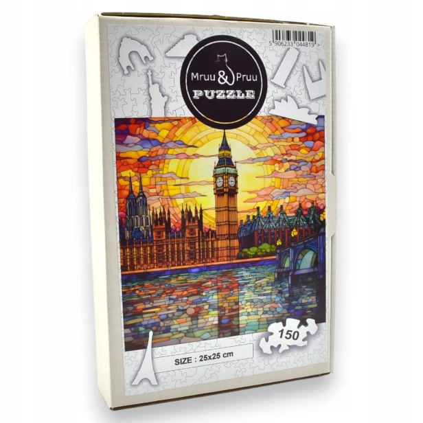 big ben puzzle 150 teile, holzpuzzle, mruupruu puzzle, big ben, buntes big ben puzzle, glasfenster